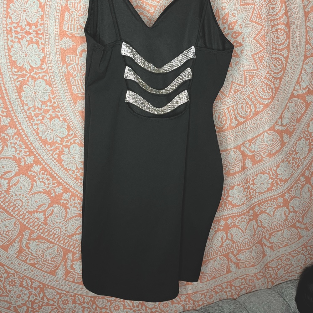 Sexy short black dress with back silver straps